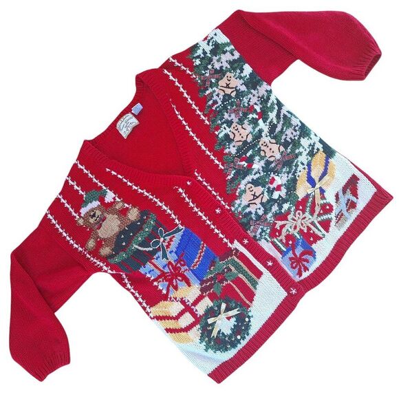 Heirloom Collectibles PL Vintage Christmas Sweater Cardigan Bears School Teacher - Picture 1 of 16